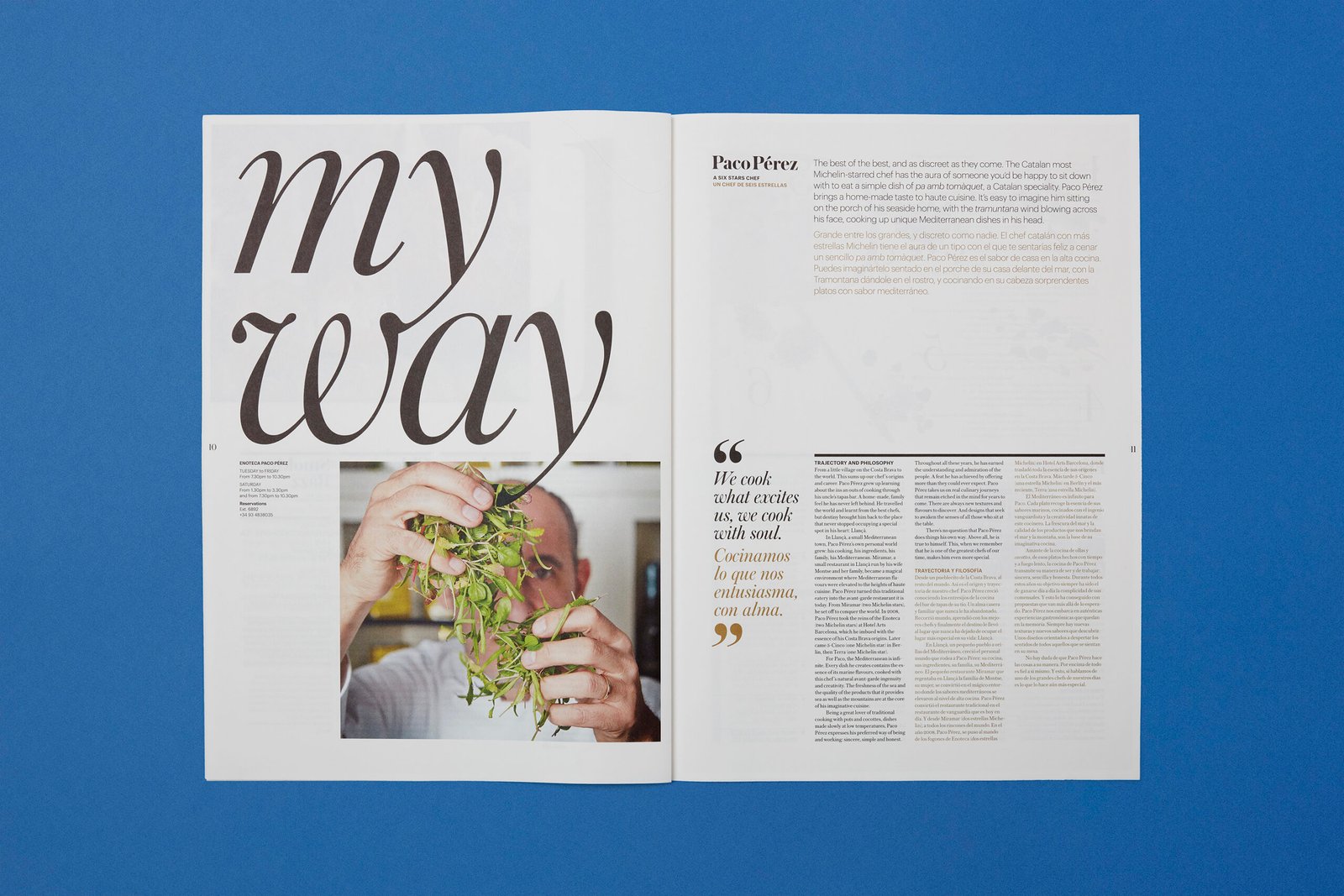 Diseño editorial de lujo en la Revista Views del Hotel Arts: doble página con artículo del chef Paco Pérez