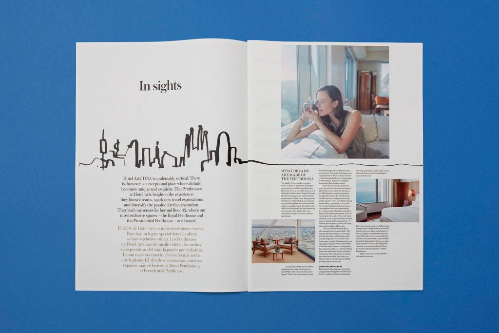 Doble página de la Revista Views con ilustración de Pol Montserrat, mostrando las habitaciones y vistas del Hotel Arts