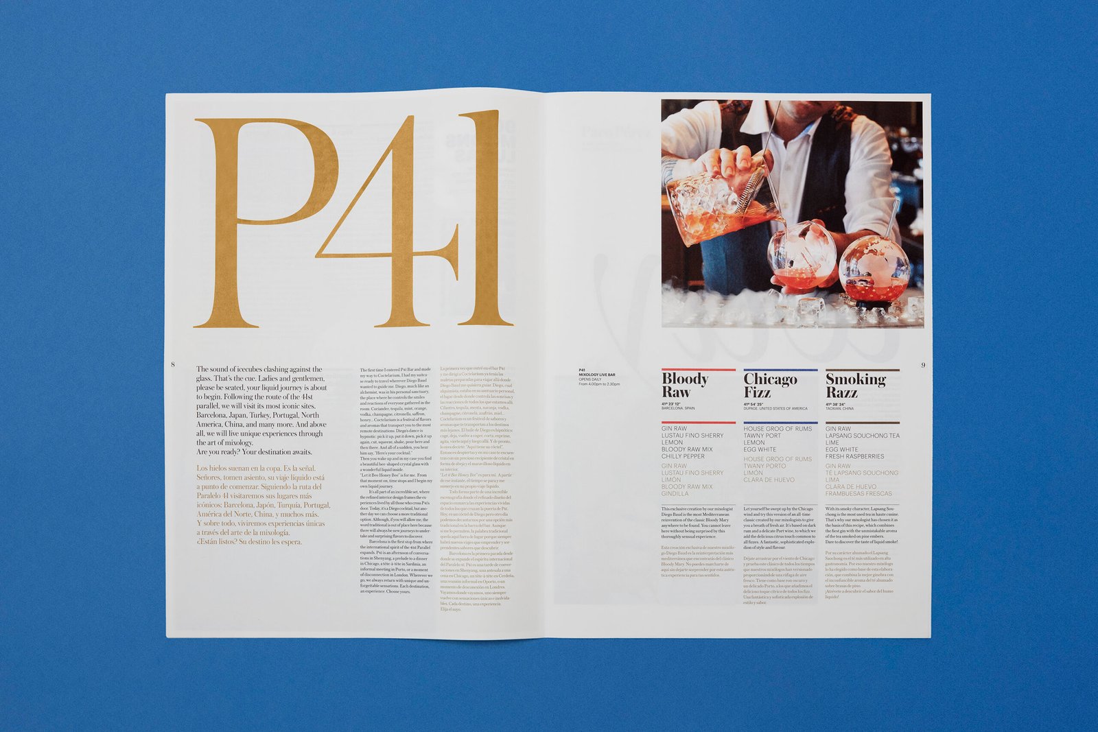 Diseño editorial de lujo en la Revista Views: doble página dedicada a la coctelería P41 del Hotel Arts