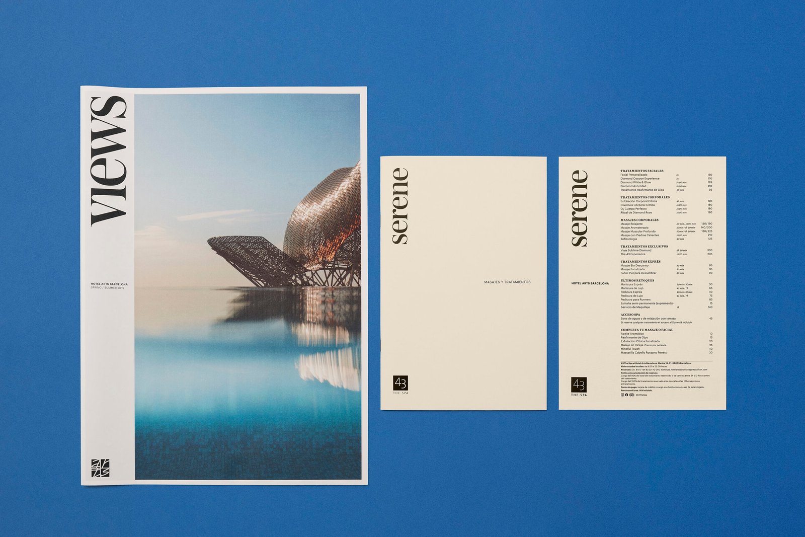 Cubierta de la Revista Views y folleto del spa The 43 del Hotel Arts, diseño editorial y branding