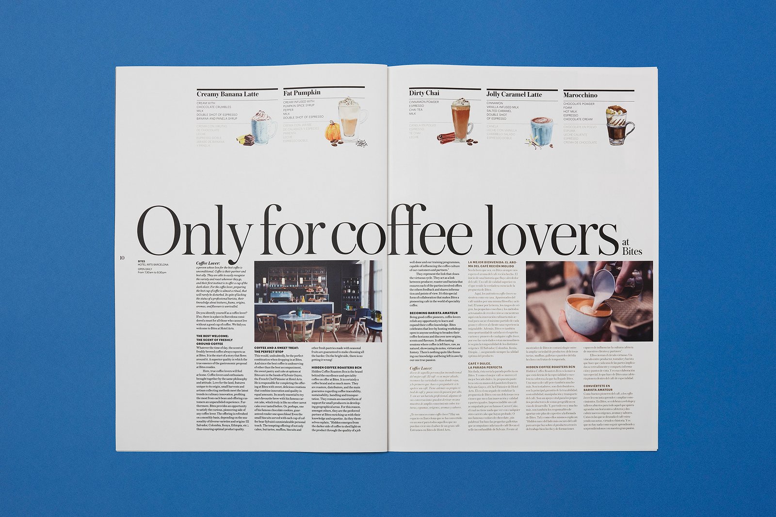 Diseño editorial en la Revista Views: doble página sobre la cafetería Bites y su café Hidden del Hotel Arts