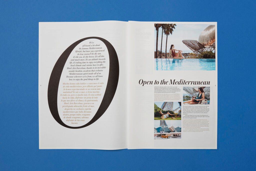 Doble página de la Revista Views sobre cómo el Hotel Arts integra la cultura mediterránea en su cocina