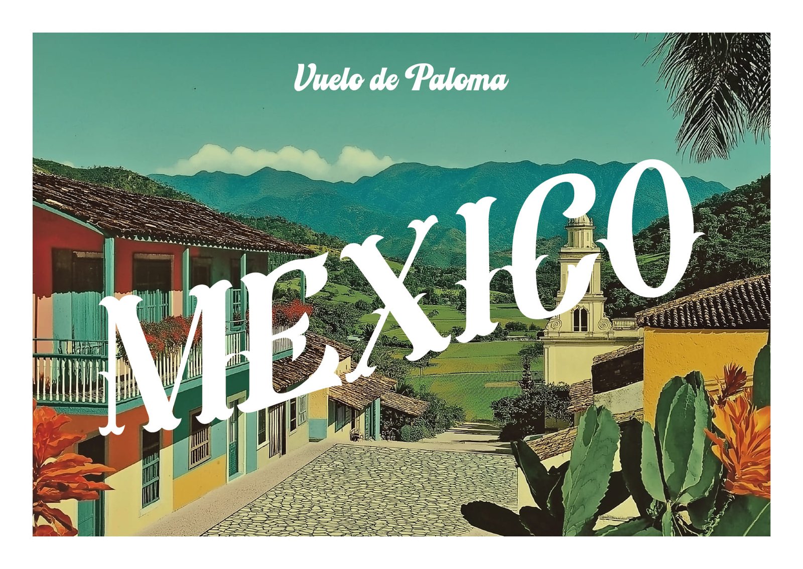 Postal de México con el cóctel Vuelo de Paloma del P41 del Hotel Arts, ilustración vintage y tipografía única.