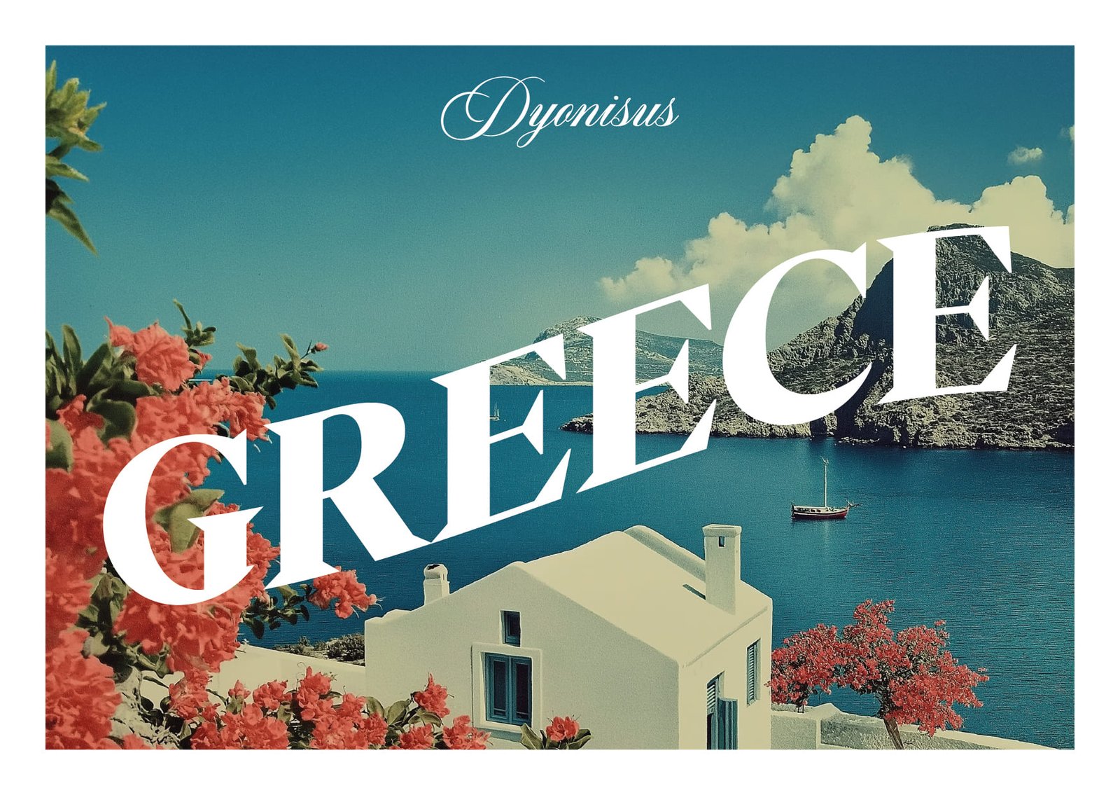 Postal de Grecia con el cóctel Dyonisius del P41 del Hotel Arts, ilustración vintage y tipografía única.
