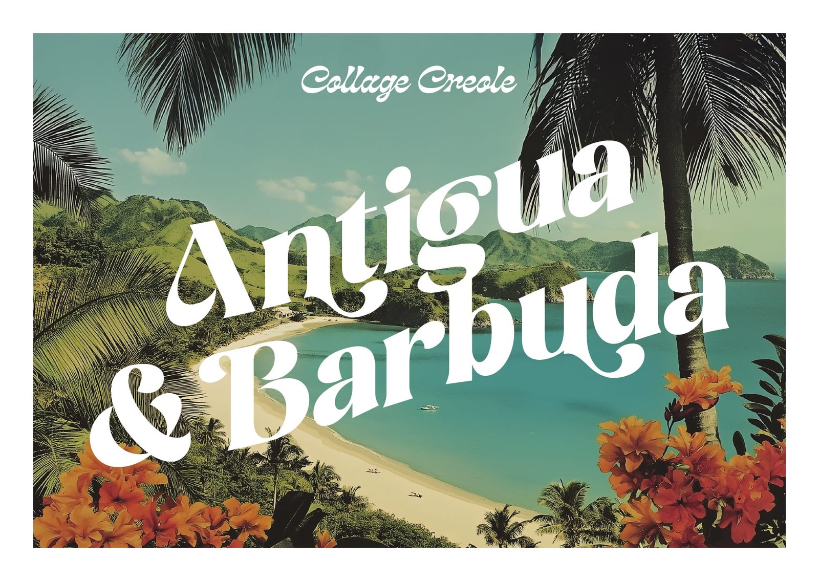 Postal vintage de Antigua Barbuda con el cóctel Collage Creole del P41 del Hotel Arts, ilustración y tipografía única.